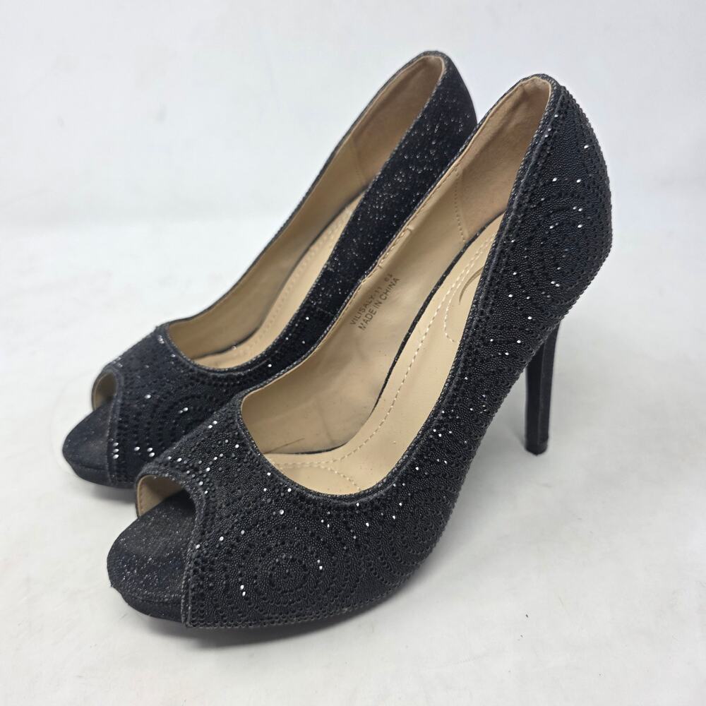 Elegant Collections Black Glitter Peep Toe Heels Women’s Size 6.5 Evening Pumps
